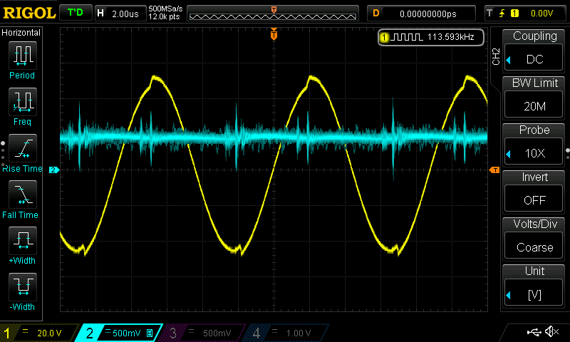 Oscilloscope screenshot with two traces. A yellow 100 V peak-to-peak, 113.593 kHz sinusoidal trace and a blue DC trace at 500 mV.