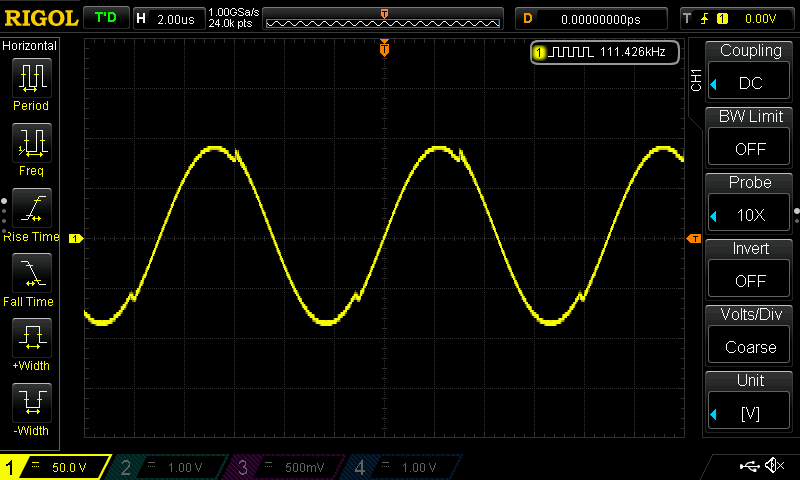 Oscilloscope screenshot with a single 200 V peak-to-peak, 111.426 sine wave.