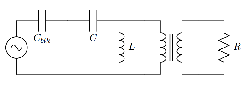 Schematic of the induction heater model. The circuit has an AC source connected in series to a capacitor C blk, another capacitor C, and an inductor L. The circuit also has a transformer with its primary across the inductor and its secondary in parallel with a resistor R.