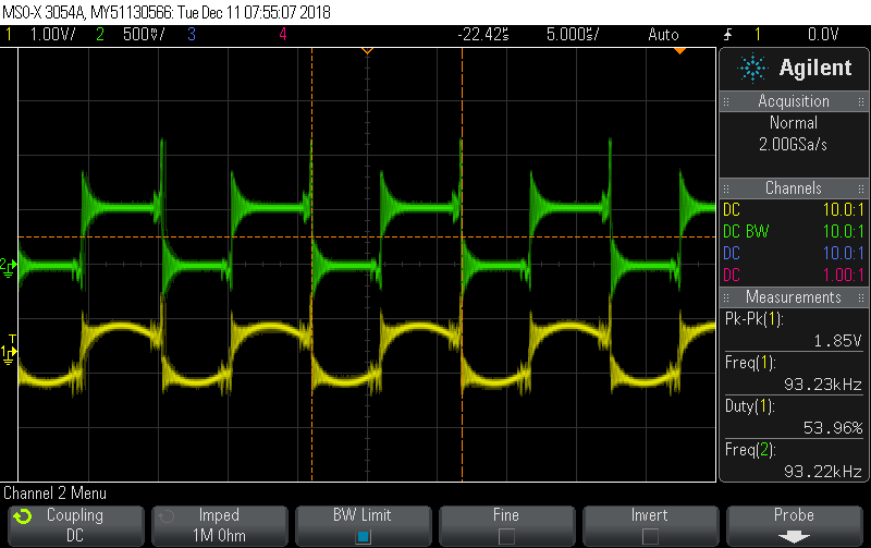 Oscilloscope screenshot with two traces. The green trace is a 500 mV, 93.22 kHz square wave. The yellow trace is a 1.85 V 93.23 kHz peak-to-peak sine wave.