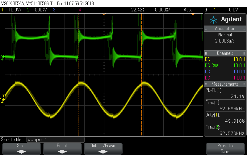 Oscilloscope screenshot with two traces. The green trace is a 700 mV, 62.570 kHz square wave. The yellow trace is a 24.1 V, 62.696 kHz sine wave.