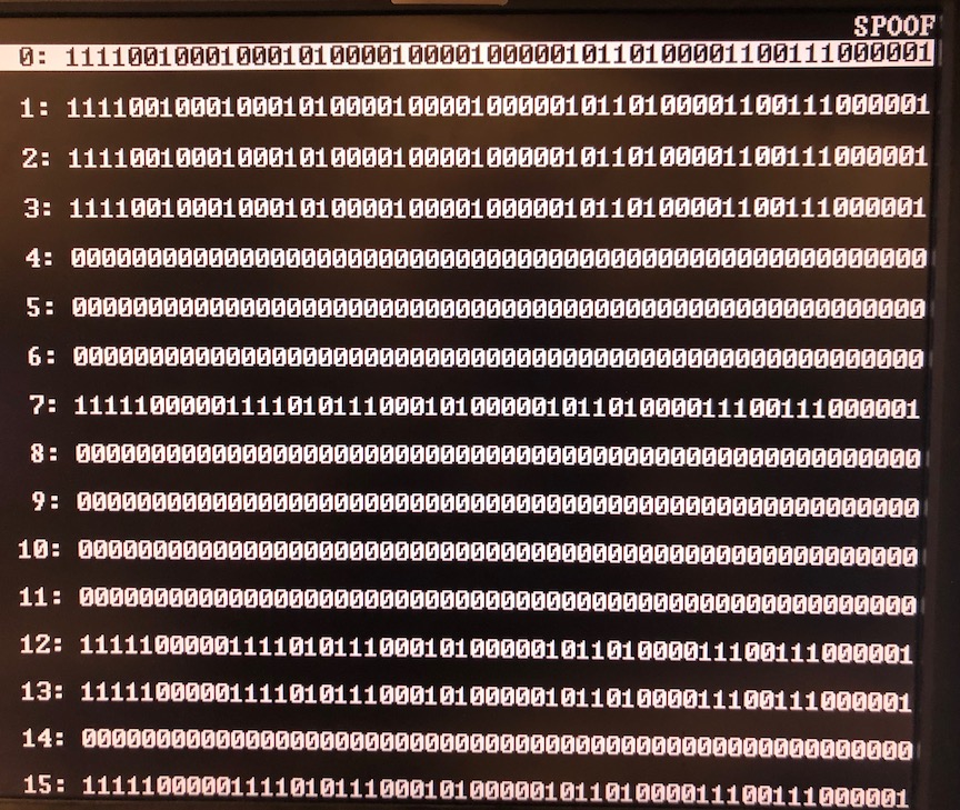 Computer monitor with the word SPOOF at the top right and 16 rows of bits with the first row highlighted.